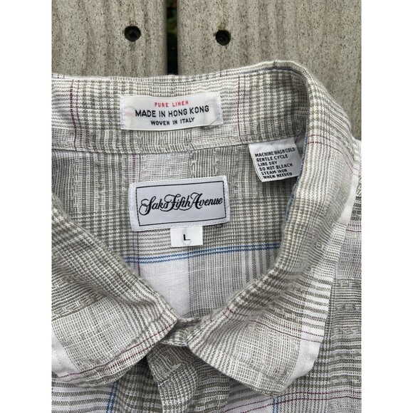 Saks Fifth Avenue Italian Linen Plaid Resort Casual Luxury Shirt Men’s Size L - Picture 4 of 10